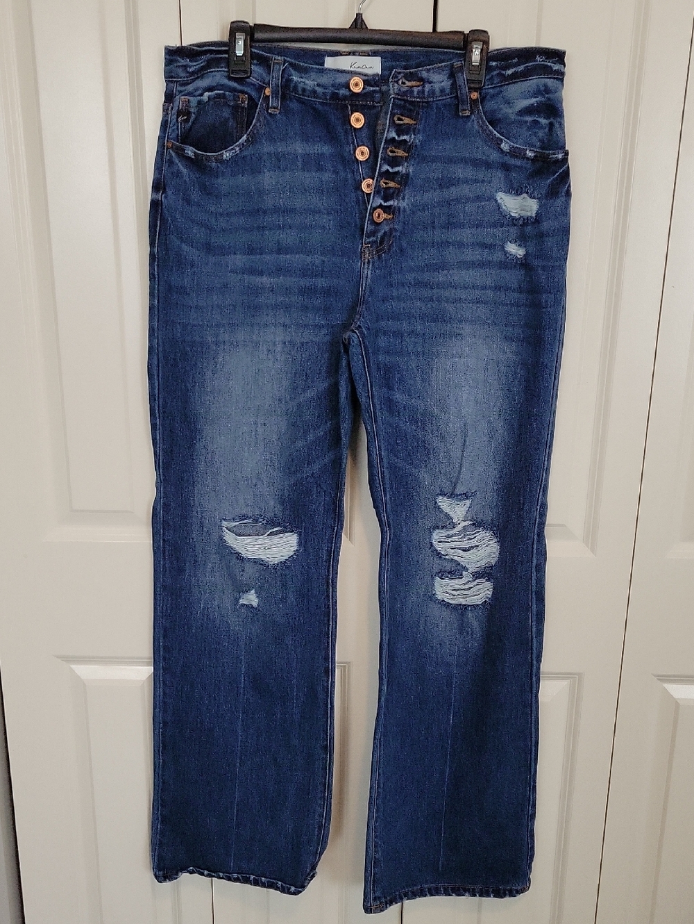 KanCan Distressed Dark Blue Straight Leg Jeans with Button-Fly